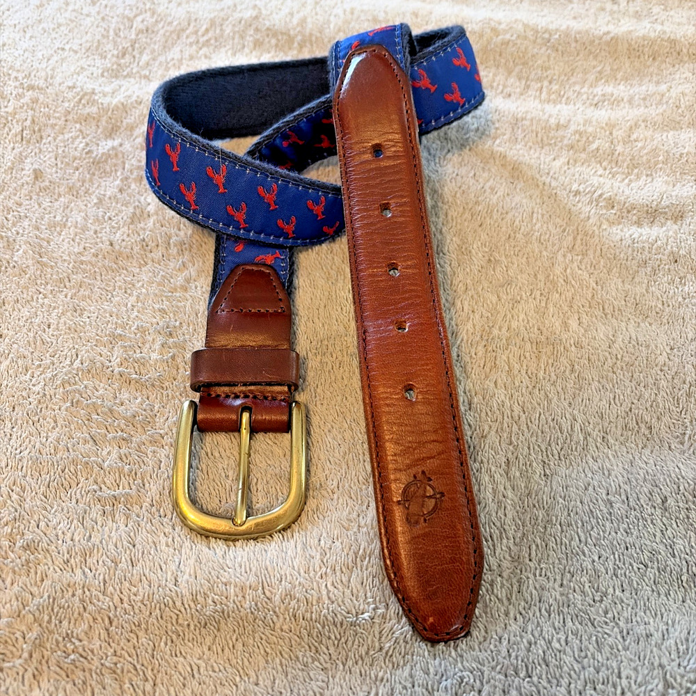 Lobster Ribbon Woven Mens Belt 30 Navy Red Leather Brass Nautical Preppy Coastal